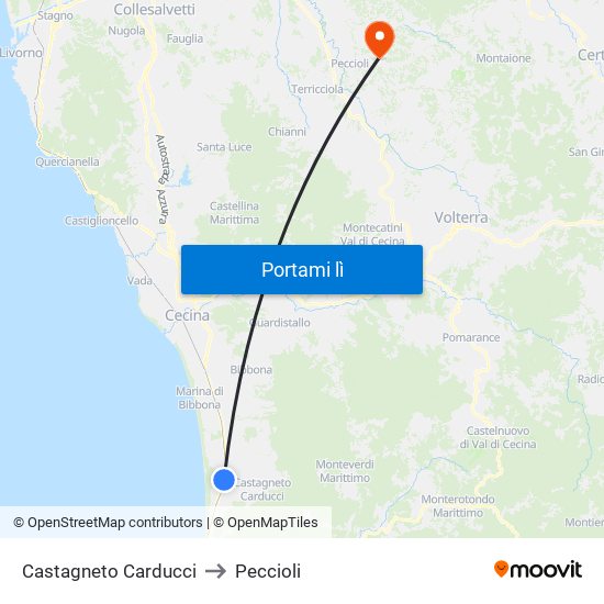 Castagneto Carducci to Peccioli map