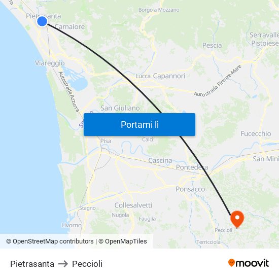 Pietrasanta to Peccioli map