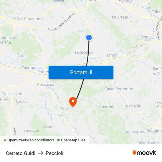 Cerreto Guidi to Peccioli map