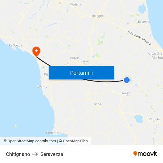 Chitignano to Seravezza map