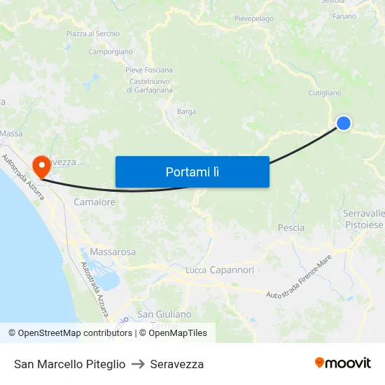 San Marcello Piteglio to Seravezza map