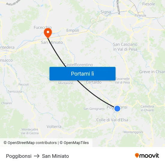 Poggibonsi to San Miniato map
