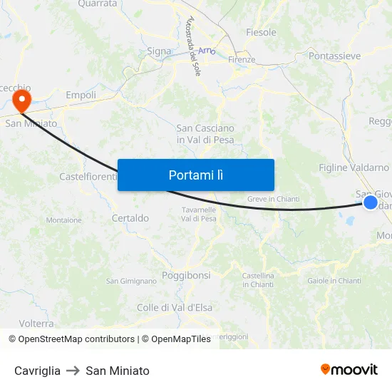 Cavriglia to San Miniato map