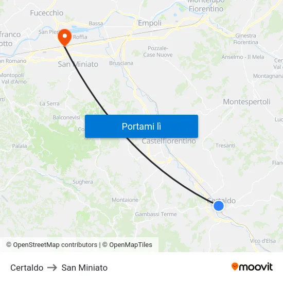 Certaldo to San Miniato map