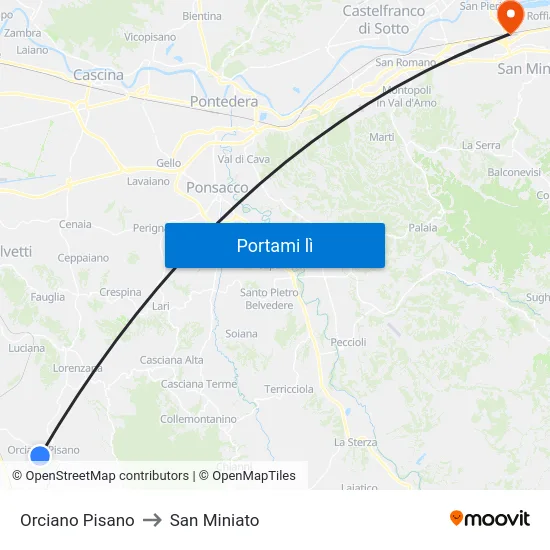 Orciano Pisano to San Miniato map