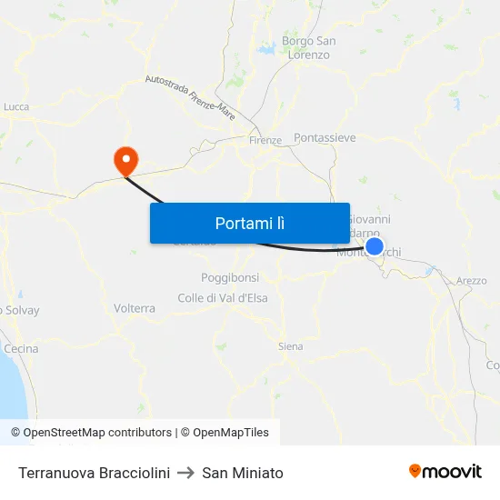 Terranuova Bracciolini to San Miniato map