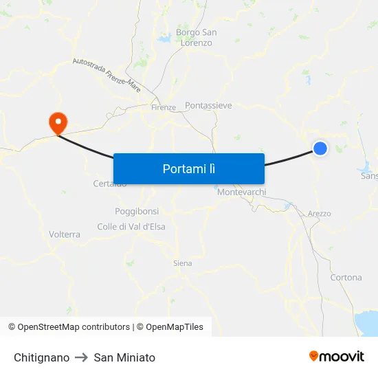 Chitignano to San Miniato map