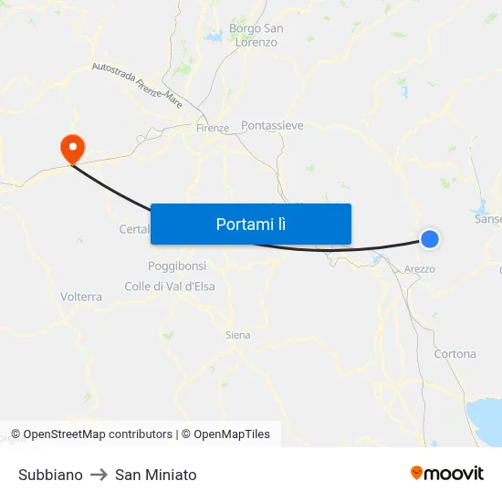 Subbiano to San Miniato map