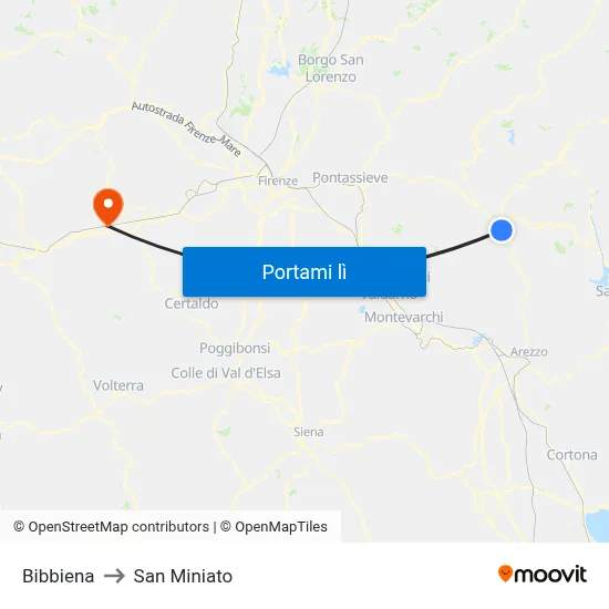 Bibbiena to San Miniato map
