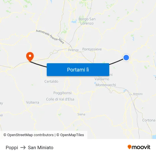 Poppi to San Miniato map