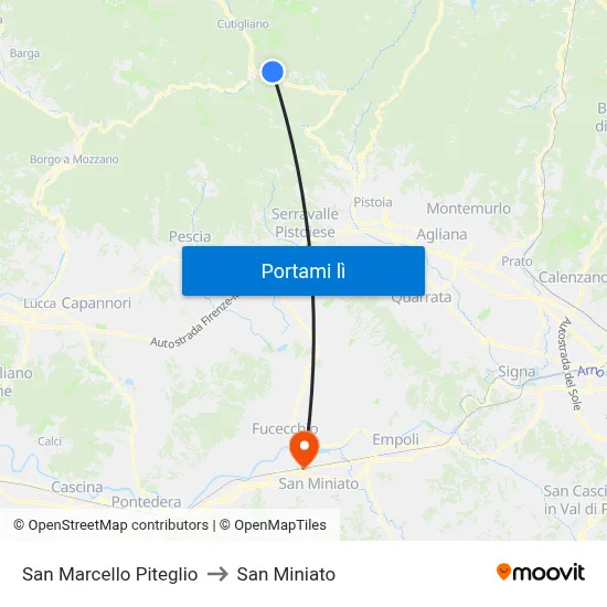 San Marcello Piteglio to San Miniato map