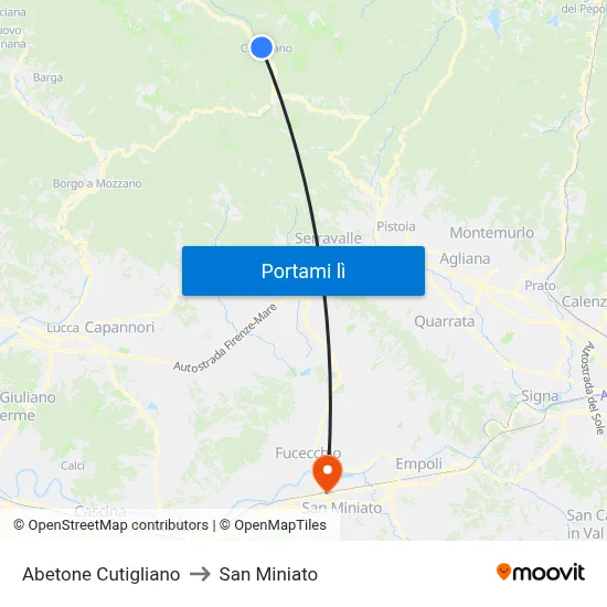 Abetone Cutigliano to San Miniato map