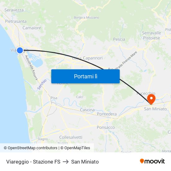 Viareggio Stazione FS to San Miniato map