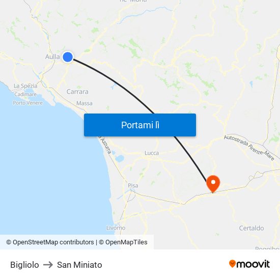 Bigliolo to San Miniato map