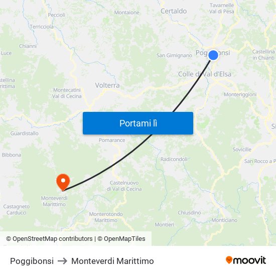 Poggibonsi to Monteverdi Marittimo map