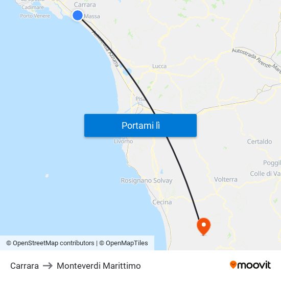 Carrara to Monteverdi Marittimo map