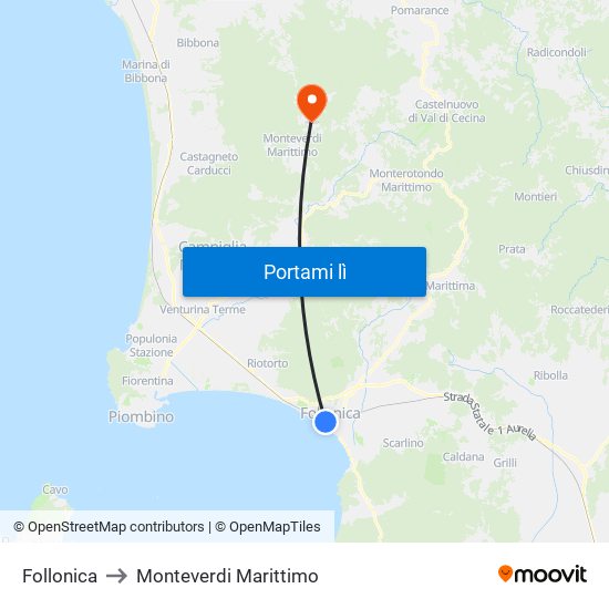 Follonica to Monteverdi Marittimo map