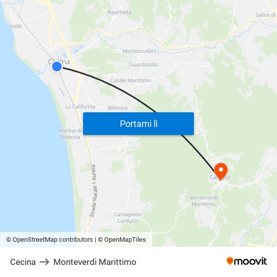 Cecina to Monteverdi Marittimo map