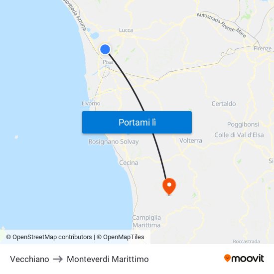 Vecchiano to Monteverdi Marittimo map