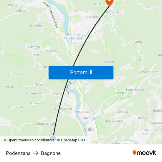 Podenzana to Bagnone map