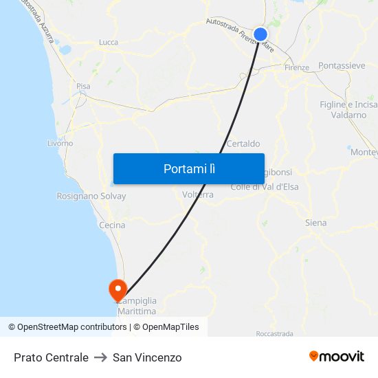 Prato Centrale to San Vincenzo map