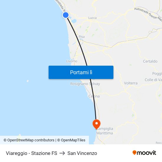 Viareggio Stazione FS to San Vincenzo map