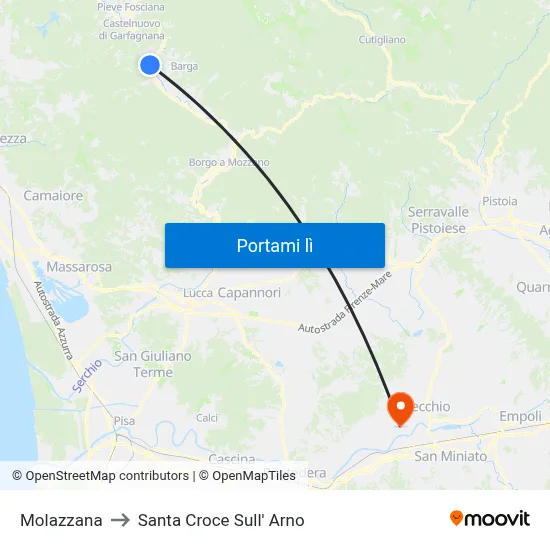 Molazzana to Santa Croce Sull' Arno map