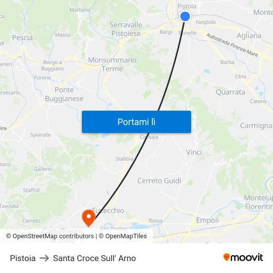 Pistoia to Santa Croce Sull' Arno map