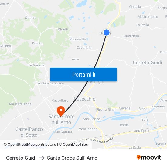 Cerreto Guidi to Santa Croce Sull' Arno map