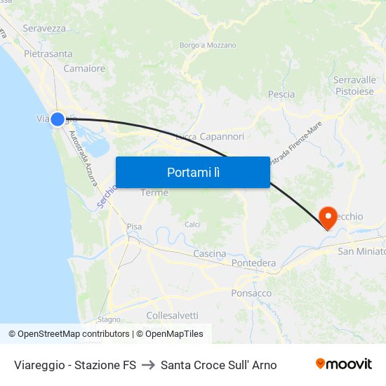 Viareggio Stazione FS to Santa Croce Sull' Arno map