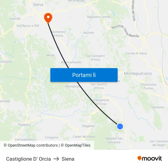 Castiglione D' Orcia to Siena map