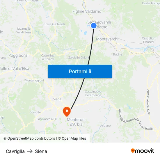 Cavriglia to Siena map