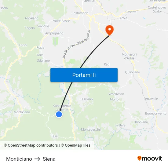 Monticiano to Siena map