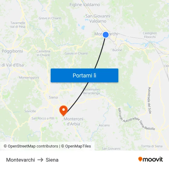 Montevarchi to Siena map