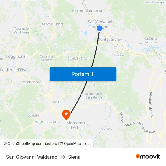 San Giovanni Valdarno to Siena map