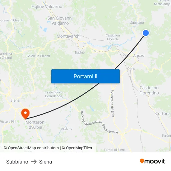 Subbiano to Siena map