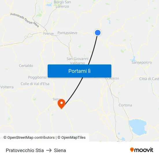 Pratovecchio Stia to Siena map