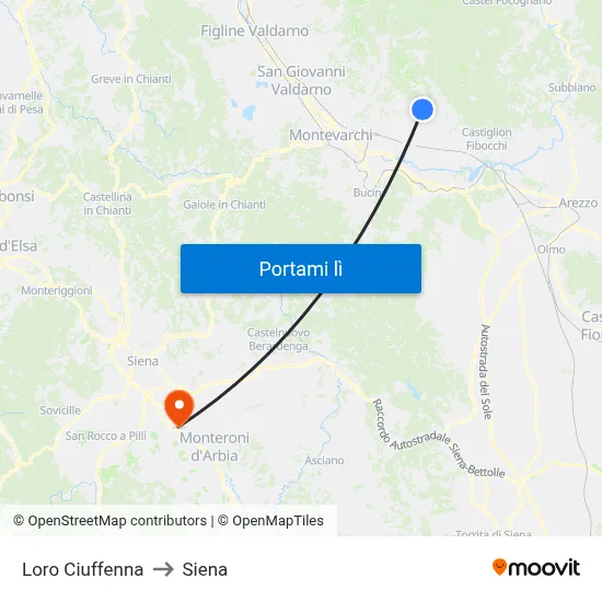 Loro Ciuffenna to Siena map