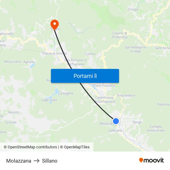 Molazzana to Sillano map