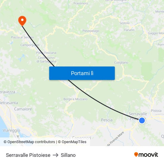 Serravalle Pistoiese to Sillano map