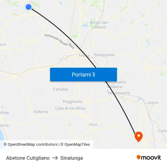 Abetone Cutigliano to Sinalunga map