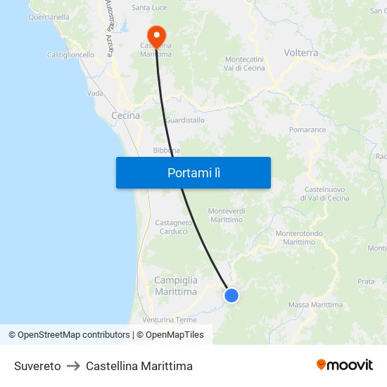 Suvereto to Castellina Marittima map