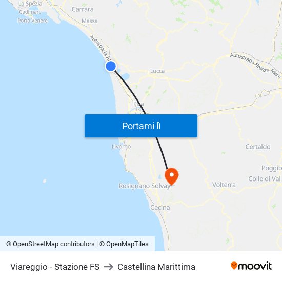 Viareggio Stazione FS to Castellina Marittima map