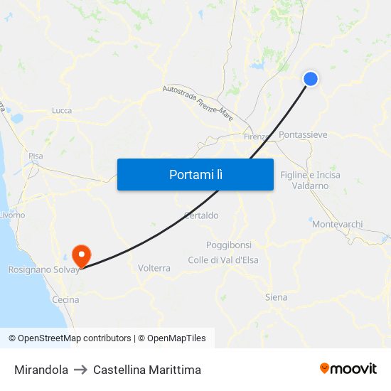 Mirandola to Castellina Marittima map