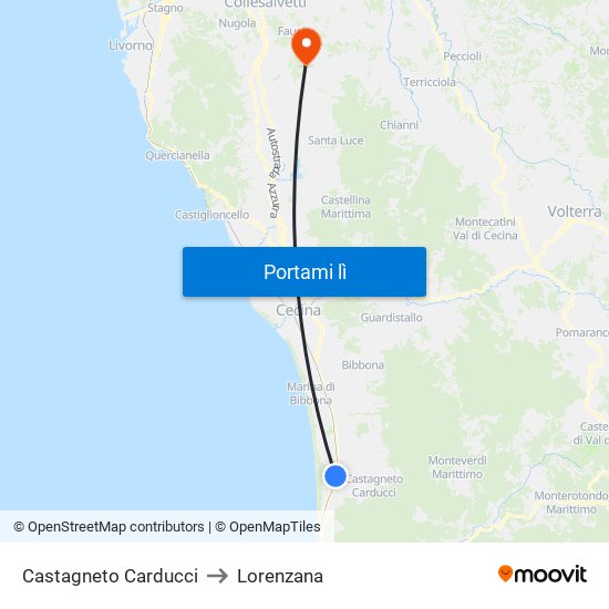 Castagneto Carducci to Lorenzana map