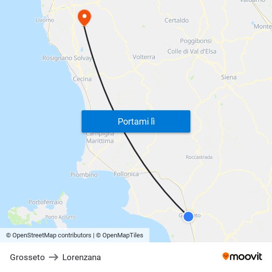 Grosseto to Lorenzana map