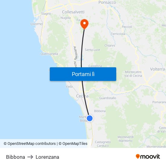 Bibbona to Lorenzana map
