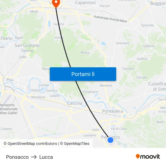 Ponsacco to Lucca map
