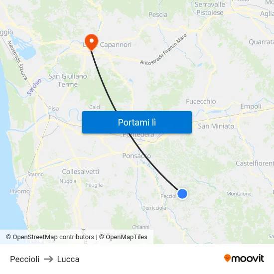 Peccioli to Lucca map