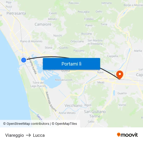 Viareggio to Lucca map